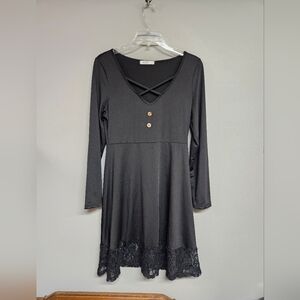 Black Long Sleeve Pajama Dress Women's Small V-neck Nightgown